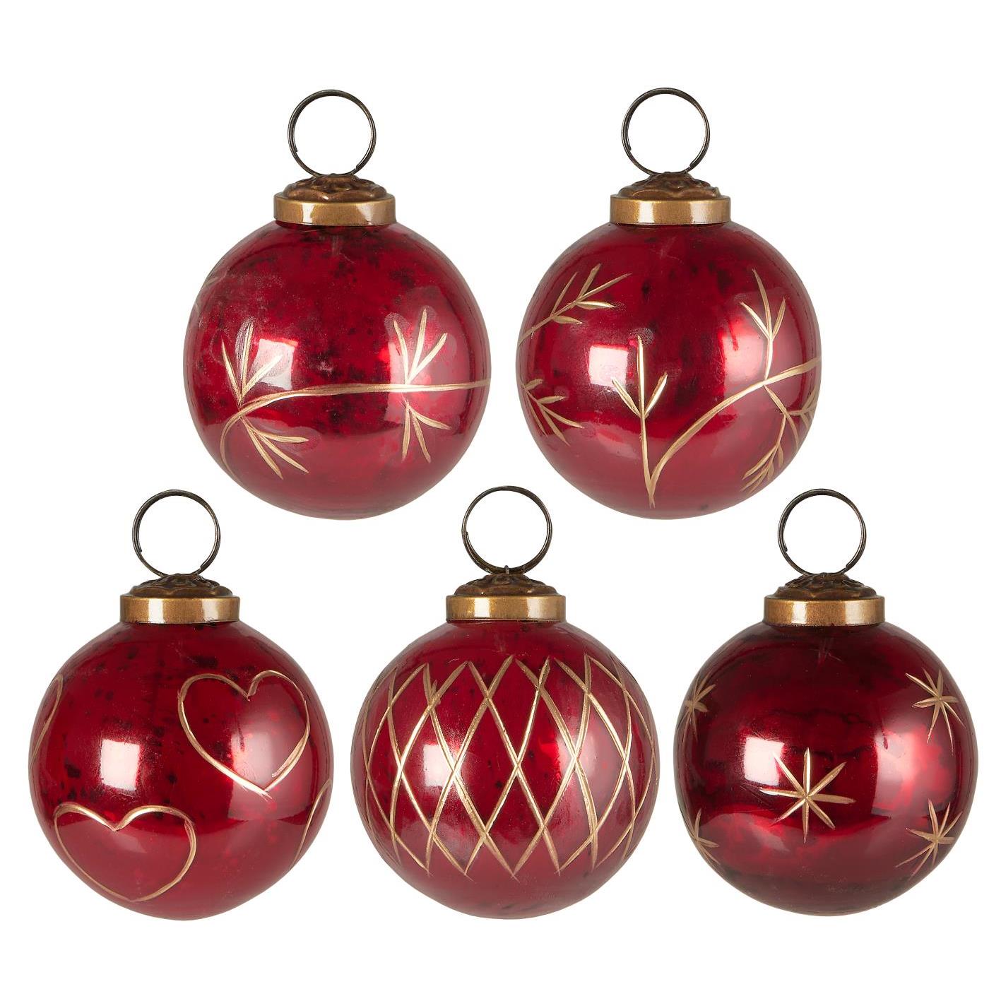 Christmas Bauble - Red with Gold Engraving. Set of 5.