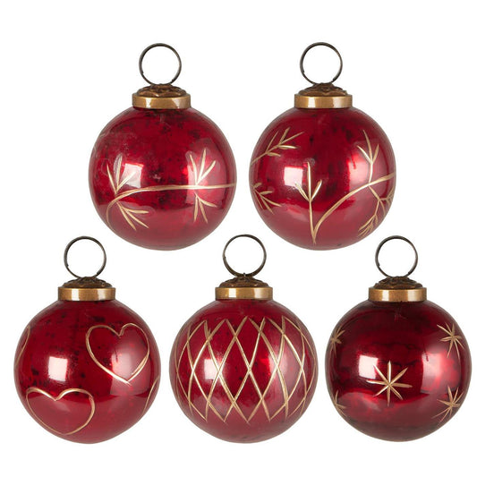 Christmas Bauble - Red with Gold Engraving. Set of 5.