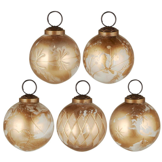 Christmas Bauble - White/Brass look with gold engraving. Set of 5.