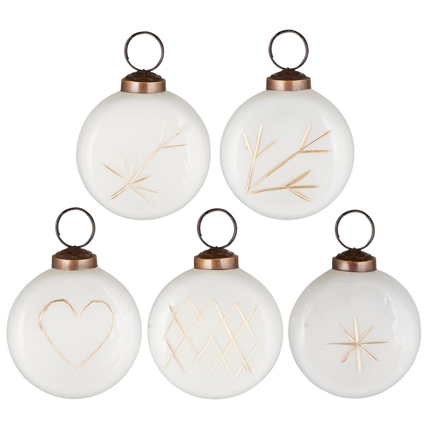 Christmas Bauble - White with Gold Engraving. Set of 5.