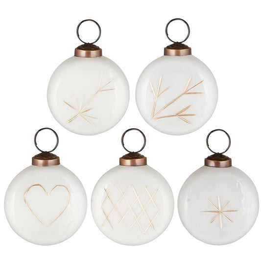 Christmas Bauble - White with Gold Engraving. Set of 5.
