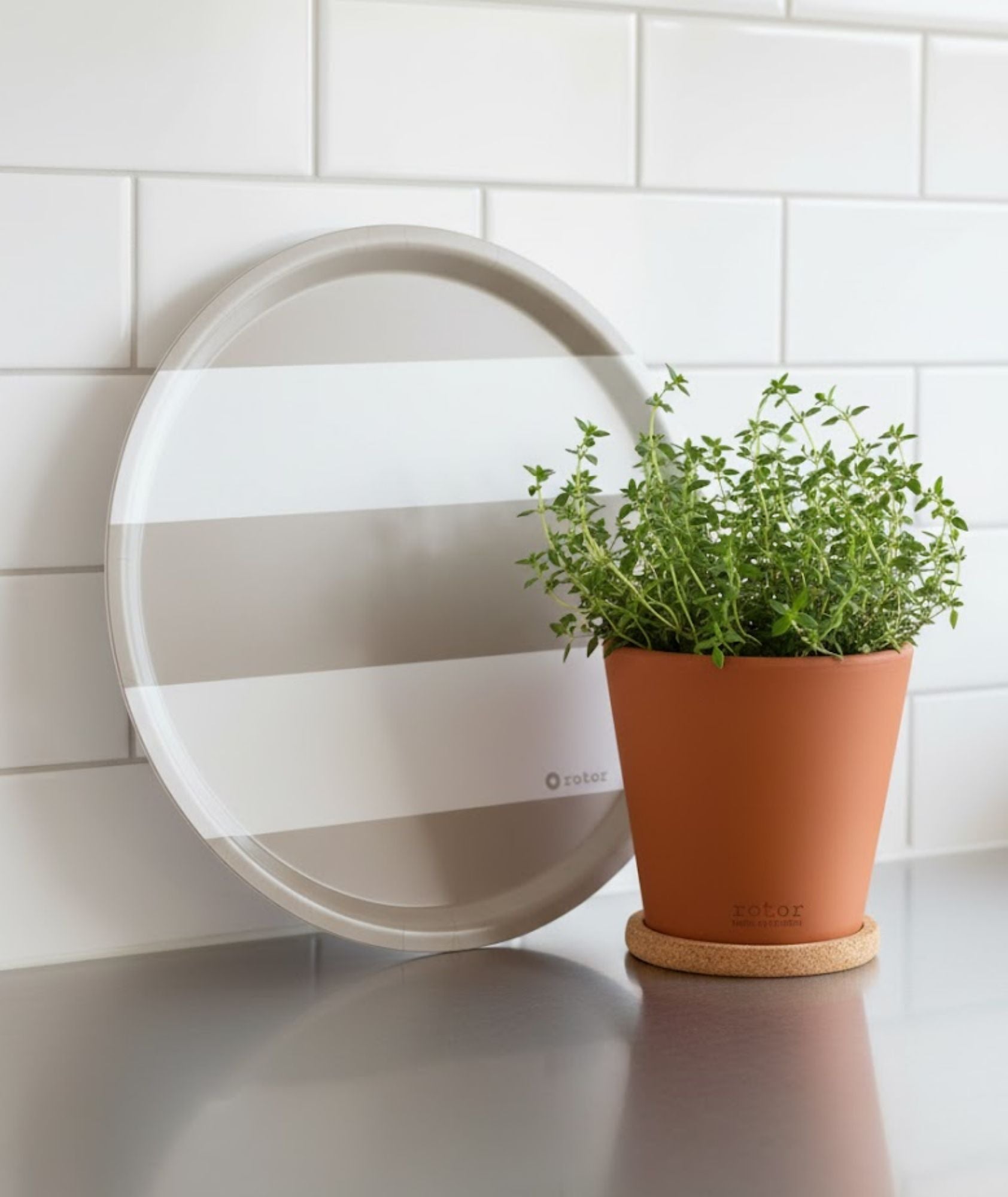 Round Tray - Beige and White Stripes