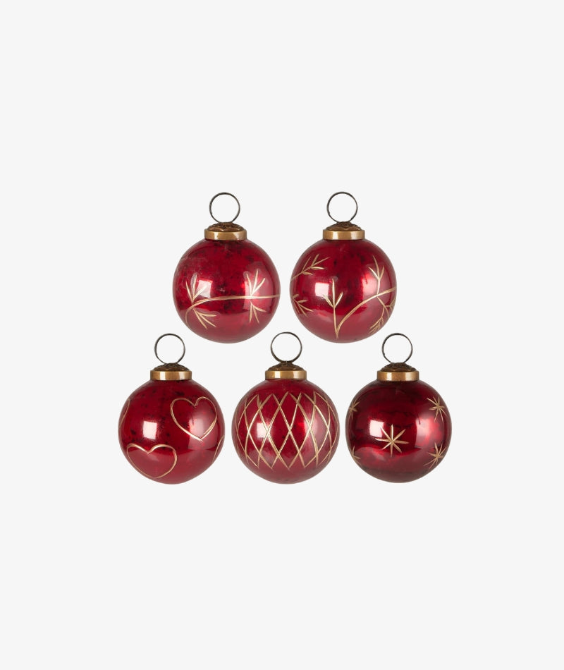 Christmas Bauble - Red with Gold Engraving. Set of 5.