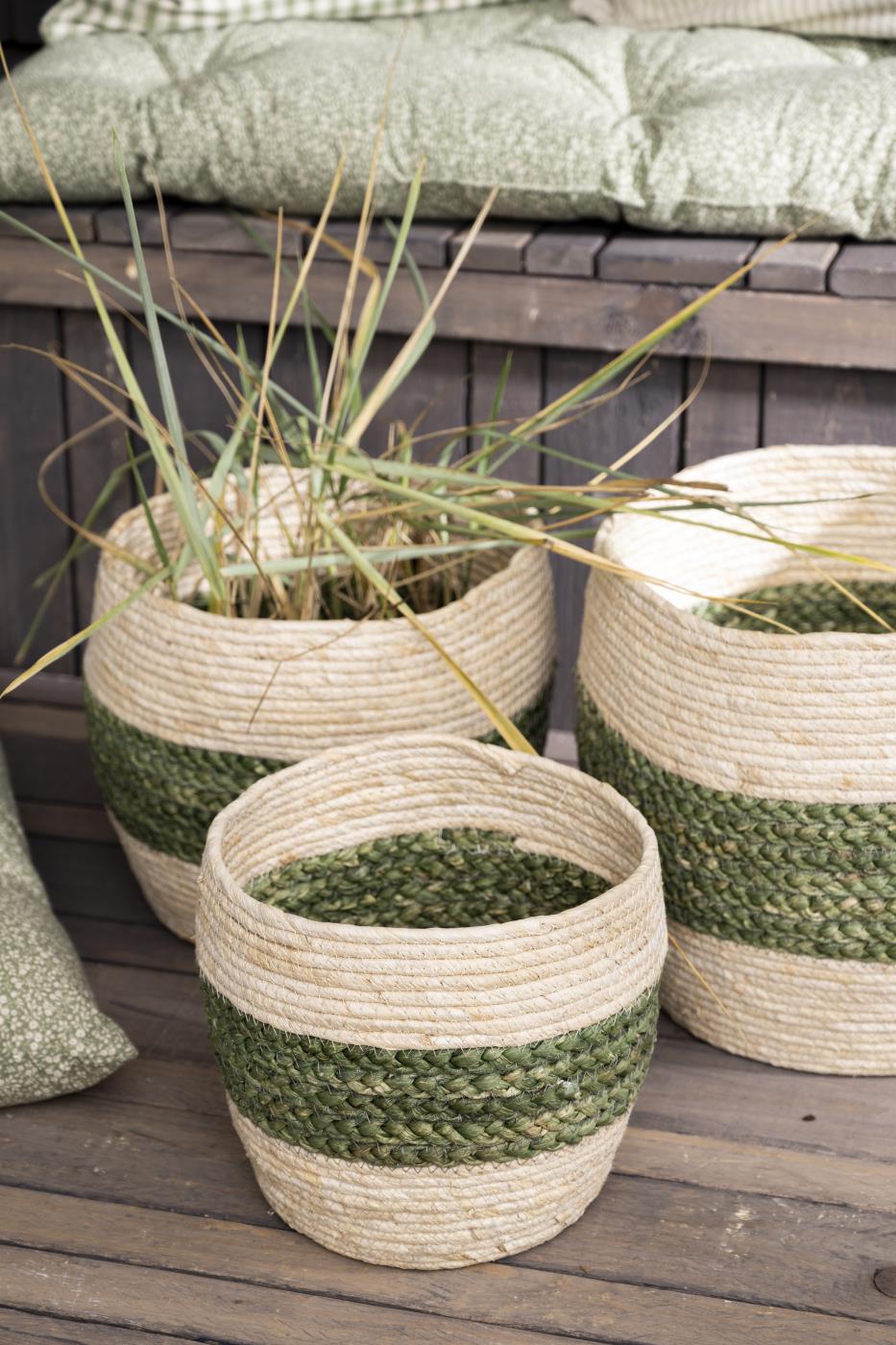 Basket - Cream with Green Stripe, Small