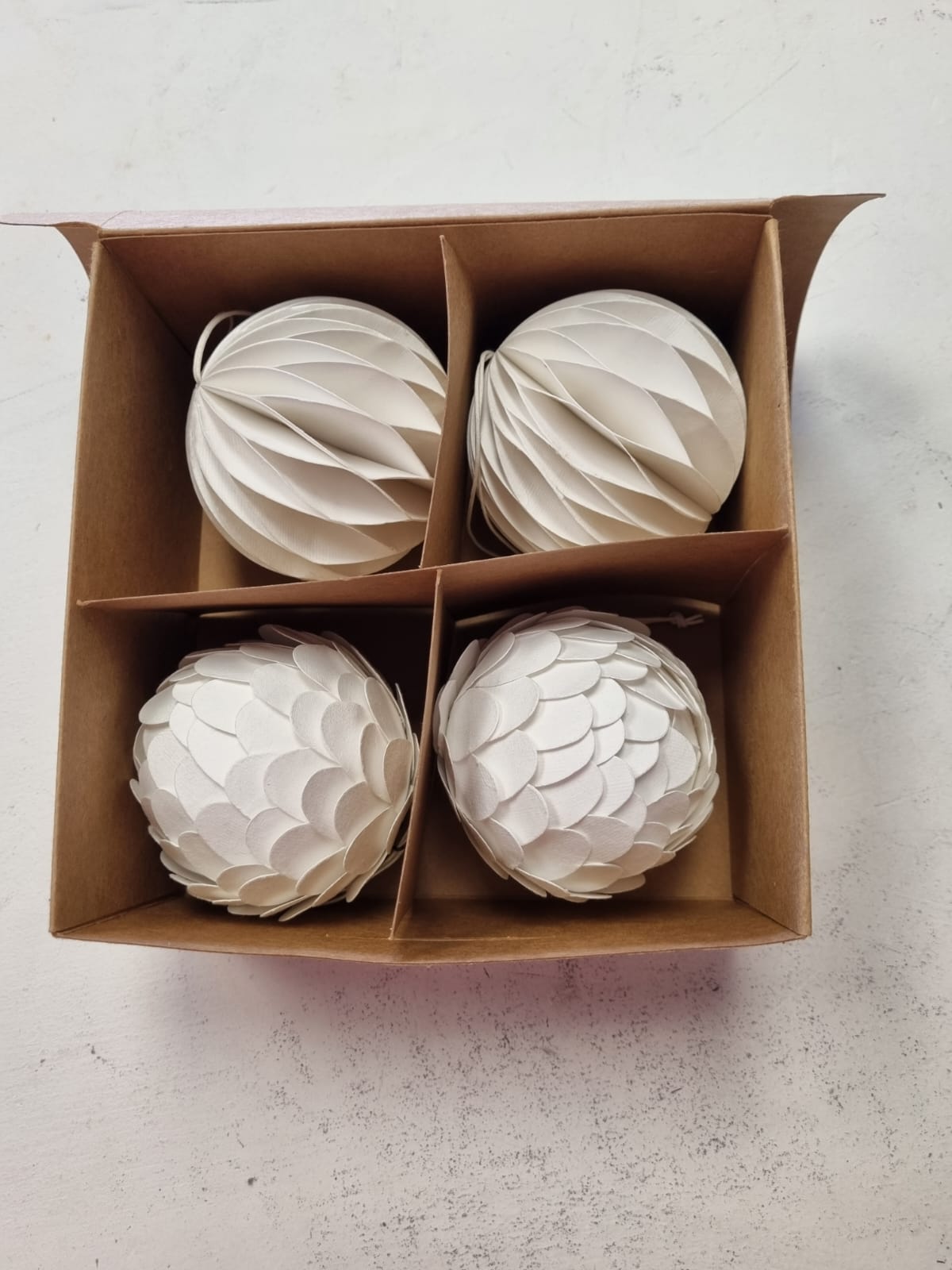 Christmas Ball Decorations - Mix of 2 styles. White, Round. Set of 4.