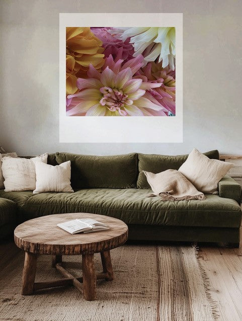 Pink & Yellow Dahlias AT HOME Polaroid Artwork - Medium