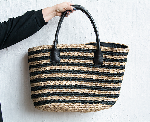 Pinta Raffia Handbag – Black/Natural Stripes, Wide